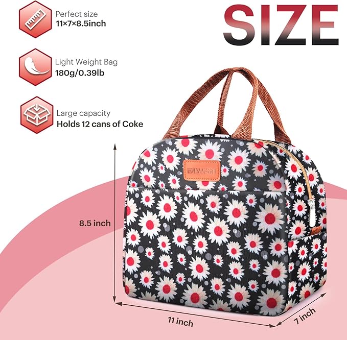 Lunch Bag for Women & Men Adult Insulated Lunch Box, Small Leakproof Cooler Food Lunch Containers Reusable High Capacity Lunch Tote Bags for Work, Travel, Outdoor (Red Flower)