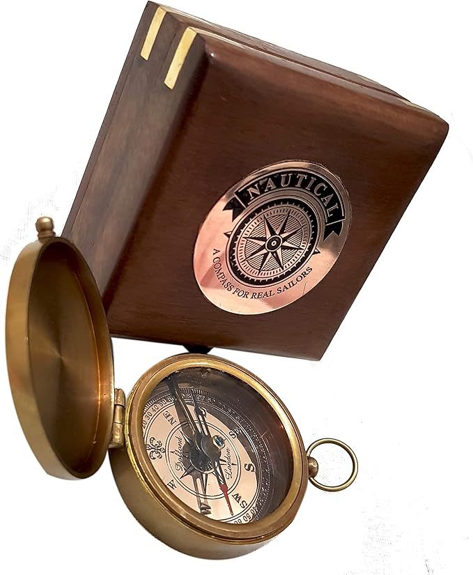 Magnetic Marine Brass Compass with Wooden Box – 2" Antique Nautical Compass for Navigation, Sailing, Hiking, Camping – Vintage Gift for Sailors & Collectors