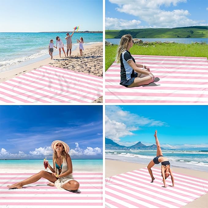 Pink Stripe Beach Blanket Sandproof Waterproof, Extra Large 78''×86'' Beach Mat for 1-4 Adults with Stakes and Sand Pocket, Compact Lightweight Sand Free Picnic Mat Beach Essential