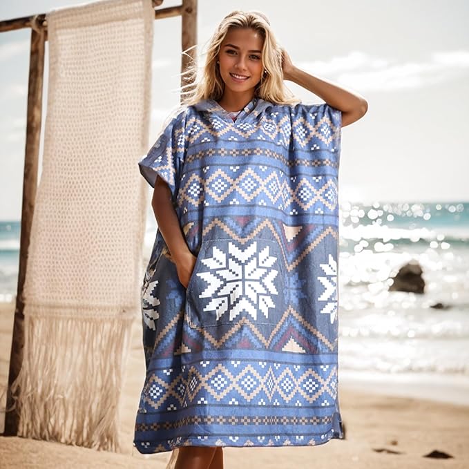 Rainleaf Surf Poncho Changing Towel Quick Dry Pool Swim Beach Towel with Hood and Front Pocket Warm and Soft Microfiber RobeTowel for Women and Men-Geometric Violaceous