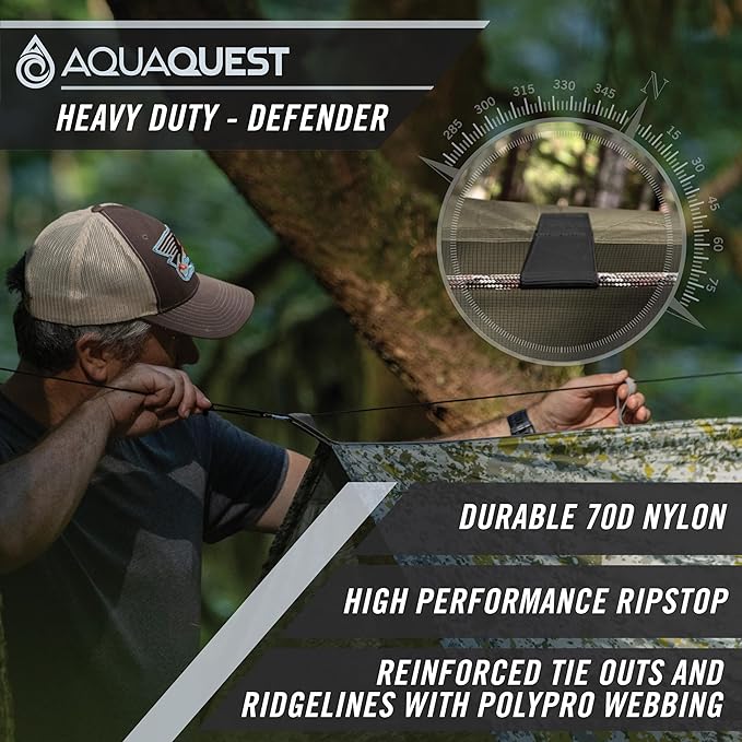AquaQuest Defender Camping Tarp - Heavy Duty Tent Shelter or Rain Fly - Waterproof Camping Essentials for Hiking, Bushcraft & Hammock, 10 x 10 ft, Stealth Gray