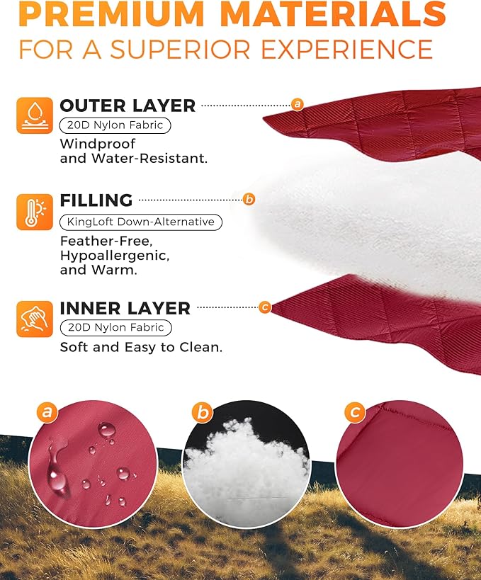 KingCamp Ultralight Camping Blanket, Packable Down Alternative Puffy Wearable Blankets Weatherproof Warm Package Quilt with Snap Buttons for Outdoor Hiking Travel Picnic Stadium (79" L x 53" W, Wine)