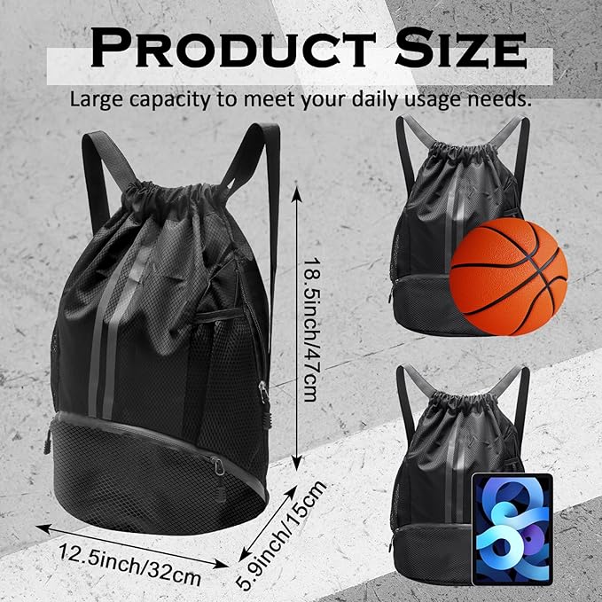 Sports Drawstring Backpack, Gym Bag with Water Bottle Holder Pockets, Shoe Compartment, Waterproof Pocket, Drawstring Bag for Women Men, Black