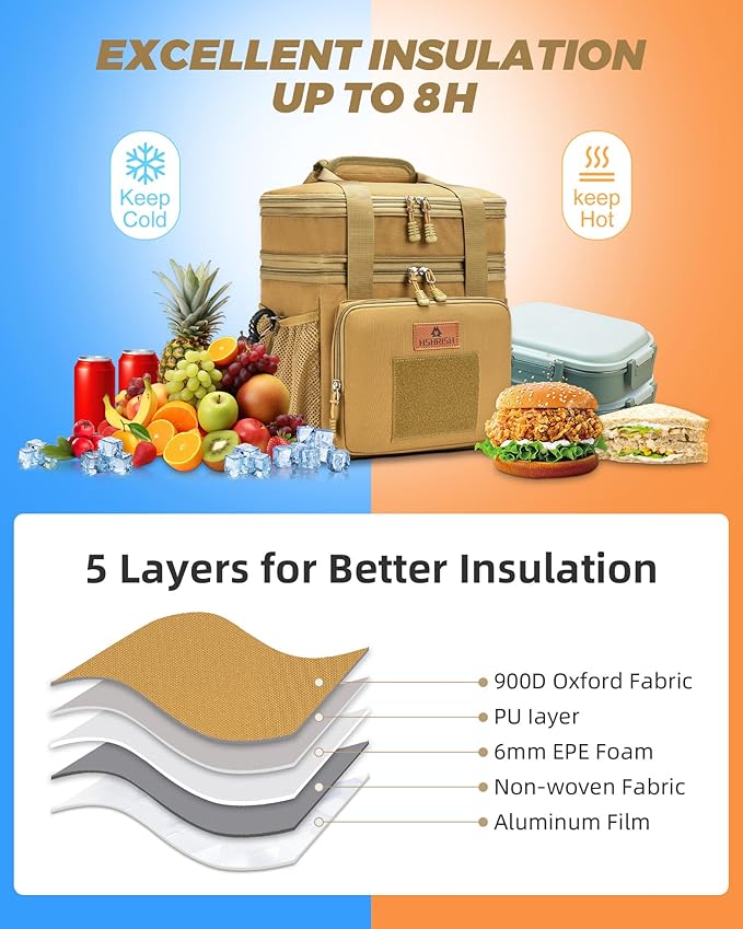 Expandable XLarge Tactical Lunch Box for Adults, Waterproof Insulated Lunch Bag with Lots of Storage Space, Durable Cooler Bag for Men Women Work Outdoor Picnic Trips, 22L(Brown), HSHRISH