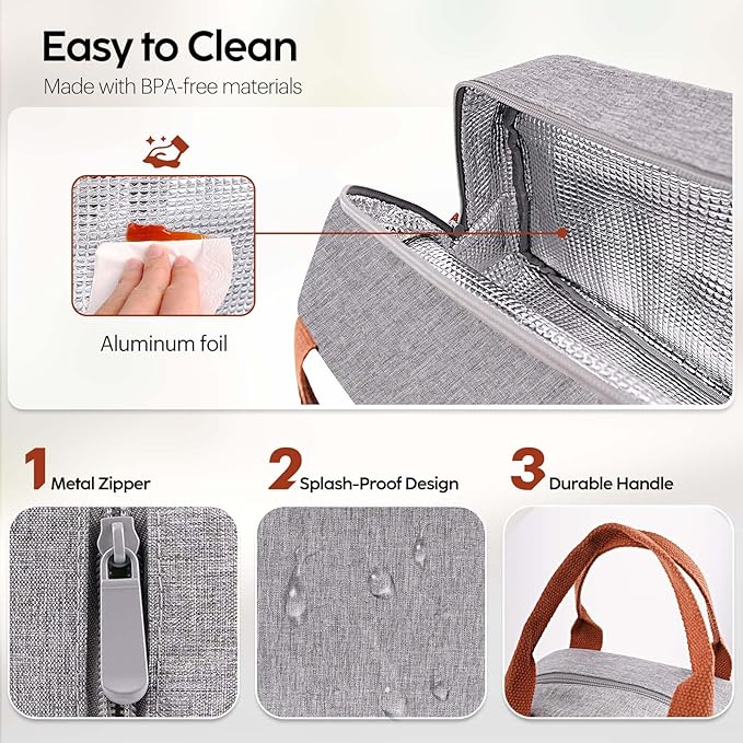 Lunch Bag Lunch Box for Women & Men, Large Capacity Insulated Lunch Bag for Adult, Leakproof Reusable Lunch Tote Bags for Work/Office/Travel/Picnic (Grey)
