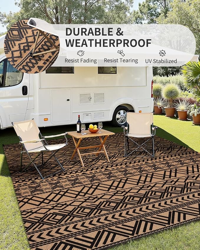MontVoo Outdoor Rug 8x10 Waterproof Outdoor Patio Rug Mat Reverisble Plastic Straw Outdoor Rug for RV Camping Picnic Beach Balcony Boho Black Brown