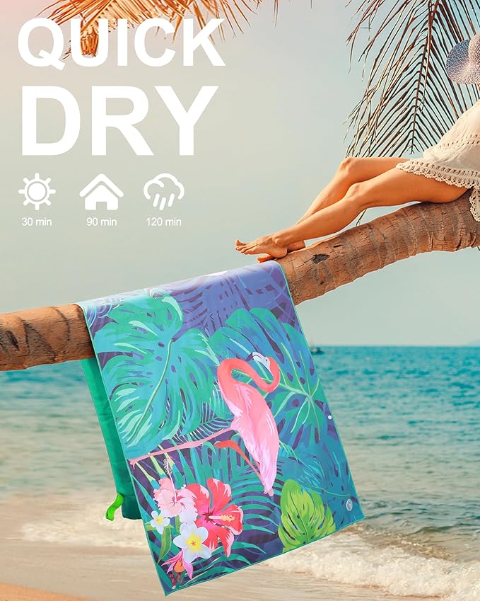 Microfiber Beach Towels for Adults - Large Travel Towel Fast Drying Lightweight 62x32 Inch, Sand Free Towel with Pouch, Buttons, Elastic Band for Fitness, Yoga, Sauna, Camping, Swim (Flamingo)