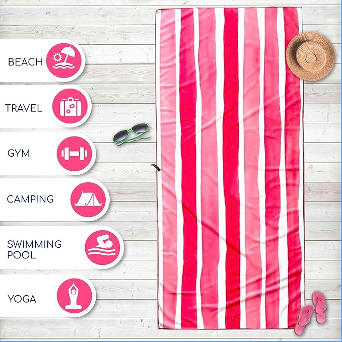 Elite Trend XL Beach Towel for Travel – Extra Large 78x35 Inch w/Bag – Lightweight Microfiber, Compact, Soft, Quick Dry, Sand Free – for Swimming, Pool, Camping, Yoga, Workout – Pink Stripes