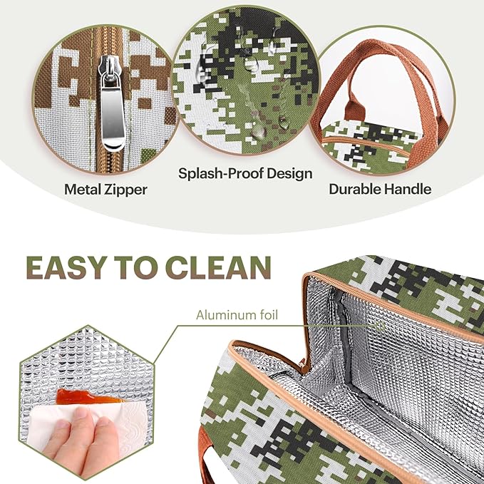 Lunch Bag for Women & Men Adult Insulated Lunch Box, Small Leakproof Cooler Food Lunch Containers Reusable High Capacity Lunch Tote Bags for Work, Travel, Outdoor (Green Digital)