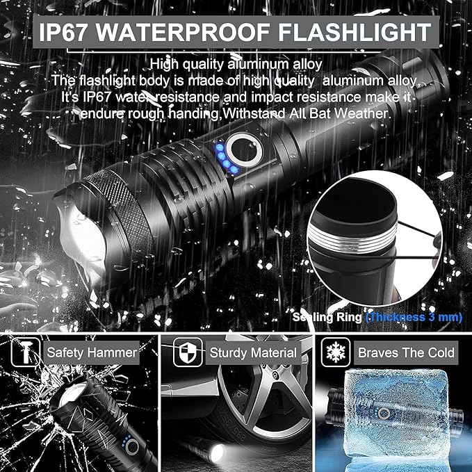 Rechargeable Flashlights High Lumens LED,Home Outdoor Emergency Powerful Flash Light Power Super Bright Torch Camping Hiking
