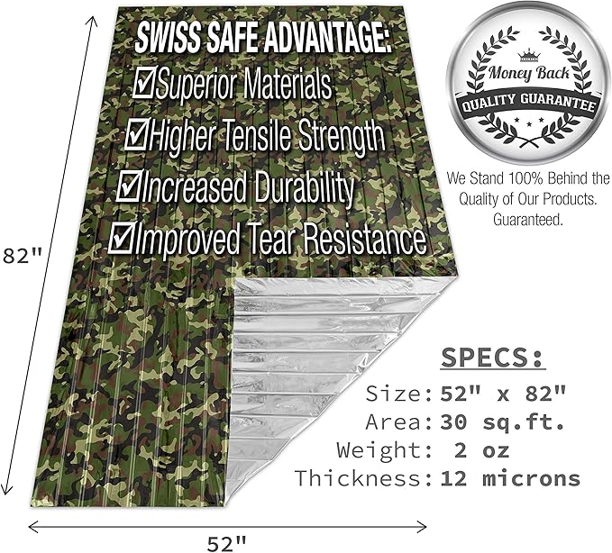 Swiss Safe Emergency Mylar Thermal Blankets + Bonus Space Blanket - Compact & Insulated for Cold Weather - Designed for NASA, Outdoor Camping, Survival, First Aid Car Kit - Woodland Camo, 4 Pack