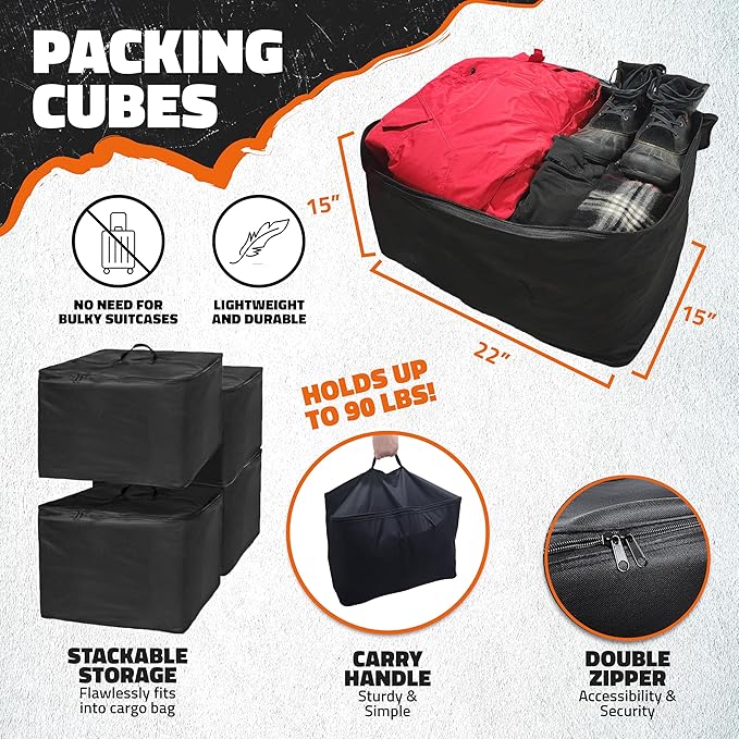 Mockins 48"x18"x6" Heavy Duty Trailer Hitch Cargo Carrier & 15CuFt Waterproof Cargo Bag for Hitch Carrier w/ 4 Packing Cubes | Folding Luggage Rack for SUV/Car & Cargo Carrier Hitch Mount Accessories