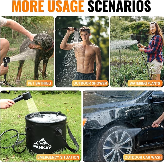Portable Shower for Camping, 8000mAh Rechargeable Camping Shower Pump with XL Foldable Bucket, IPX8 Waterproof, Surrounding Water Inlet, 5 Pressure Modes Outdoor Shower Pump for Hiking, Travel, Pet