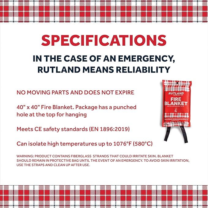 Rutland Fire Blanket for Home and Kitchen Emergency - 1 Pack, 40" x 40" - Fiberglass Fire Suppression Blanket Safety for Grilling, Camping and Boats (1)