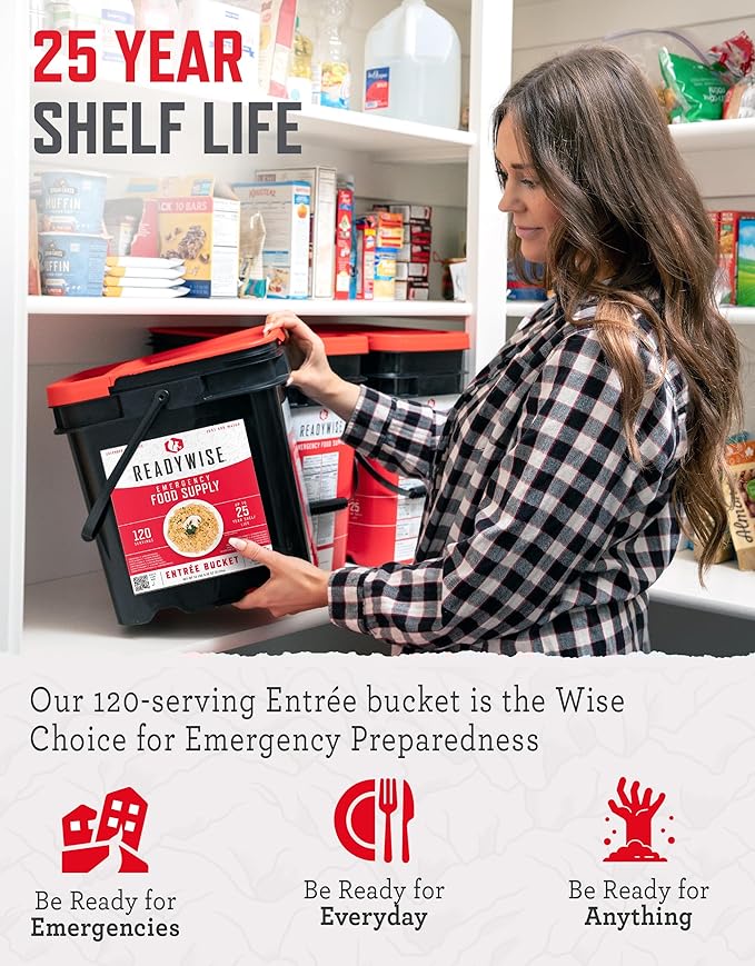 READYWISE - Emergency Food Supply Bucket, 120 Servings, MRE Meal Food Supply, Premade, Freeze Dried Survival Rations for Hiking, Adventure & Camping Essentials, Individually Packaged, 25 Year Shelf Life
