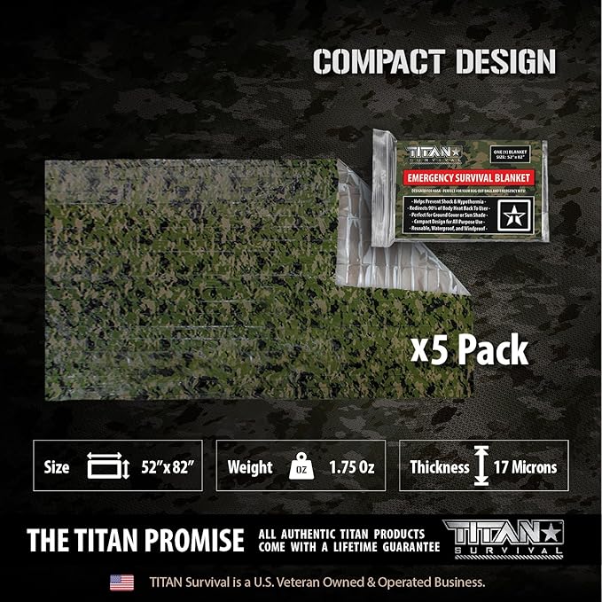 TITAN Survival Emergency Mylar Camo Survival Blankets, Two-Sided, 5-Pack (SHROWD® Woodland CAMO)