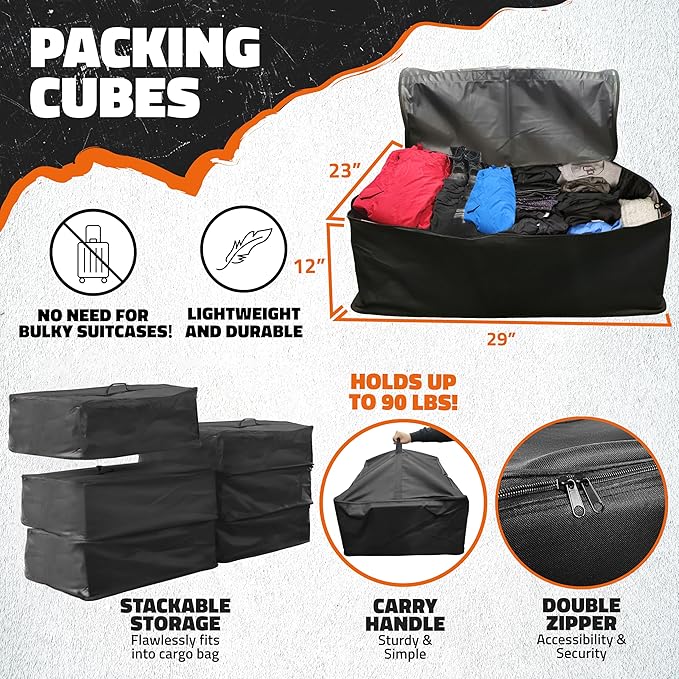 Mockins 60"x24"x6" Heavy Duty Trailer Hitch Cargo Carrier & 30 CuFt Waterproof Cargo Bag for Hitch Carrier w/ 6 Packing Cubes | Folding Luggage Rack for SUV, Car & Truck w/Basket & Bag Accessories