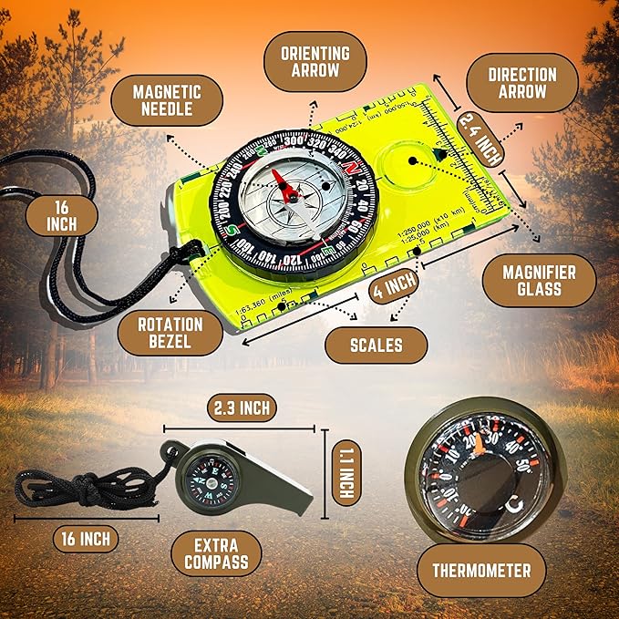 Pack of 2 Orienteering Compass Hiking-Compasses boy Scout Kids- Magnetic Gear Set Navigation map- Brujulas orientacion-Backpacking Camping Hunting Survival.