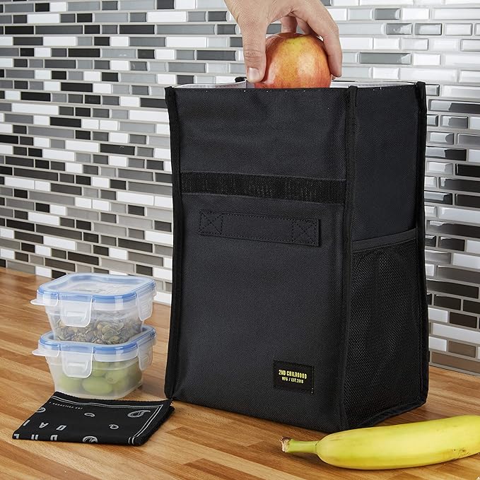 Insulated Lunch Bag for Men and Women - Rolltop Lunch Box with 2 Side Mesh Pockets and 1 Exteral Slip Pocket (Black)