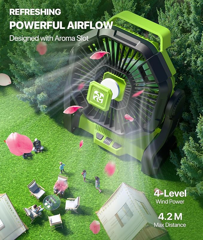 Battery Powered Fan -Camping Fan with Led Lantern, 12000mAh Portable Rechargeable, Battery Operated for Tent, Hook 4 Speed Quiet Personal for Desk, Travel, Fishing, Power Outage, Hurricane-Green