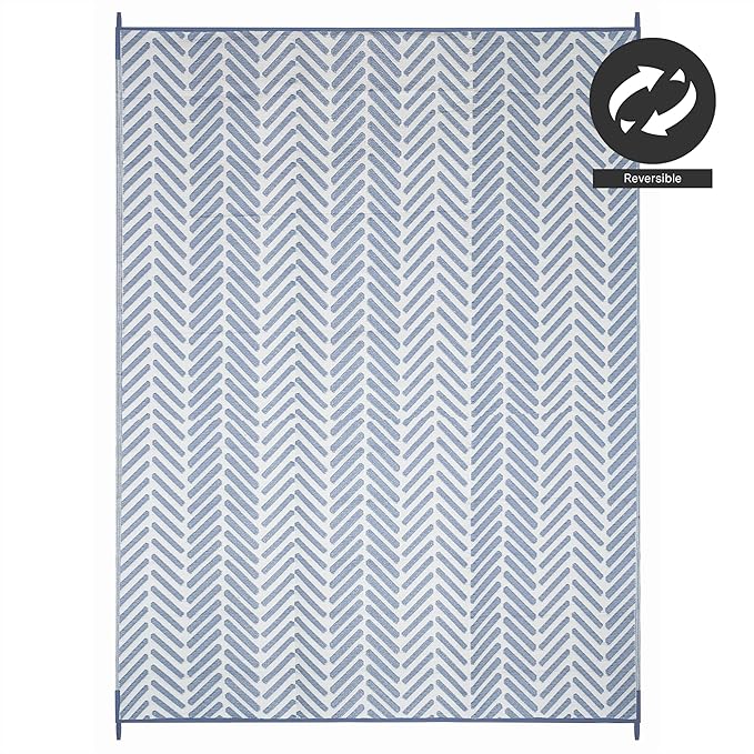 FH Home Outdoor Camping Rug - Waterproof, Fade Resistant, Reversible - Premium Recycled Plastic - Herringbone - Large Patio, Deck, Sunroom, RV - Fresno - Light Blue - 9 x 18 ft Foldable