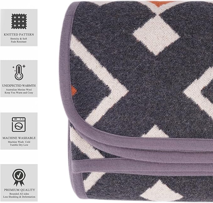 PuTian Merino Wool Blanket - 87" x 63" Thick Warm Soft Large Bed Throw - Great for Camping, Outdoors, Travel, Car, Couch, All Seasons, Grey Chcek