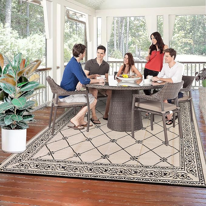Outdoor Rug 8'x10' for Patios Waterproof Patio Rugs Outdoor Mats for Front Porch,Beach Mat,Reversible Plastic Straw Camping Rugs for Outside RV,Deck,Balcony,Backyard,Black&Beige