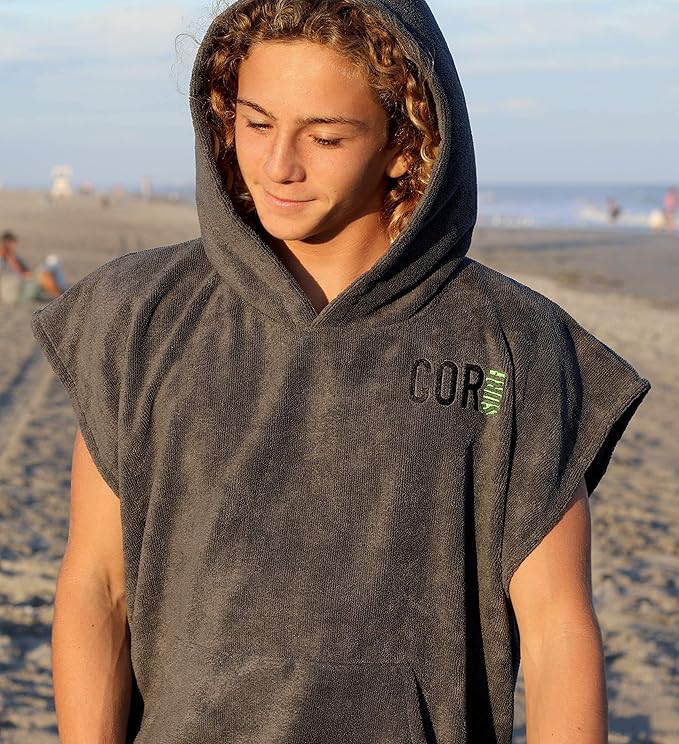 COR Surf Poncho Changing Towel Robe with Hood and Front Pocket | Thick Quick Dry Microfiber Wetsuit Poncho Towel for Surfing Beach Pool Swim (Gray - Medium)