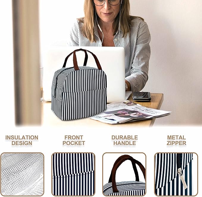 Sonuimy Insulated Lunch Bag Women, Reusable Cute Tote Lunch Box for Men & Adult, Leakproof Cooler Lunch Bags for Work Office Travel Picnic (Navy White Strip)