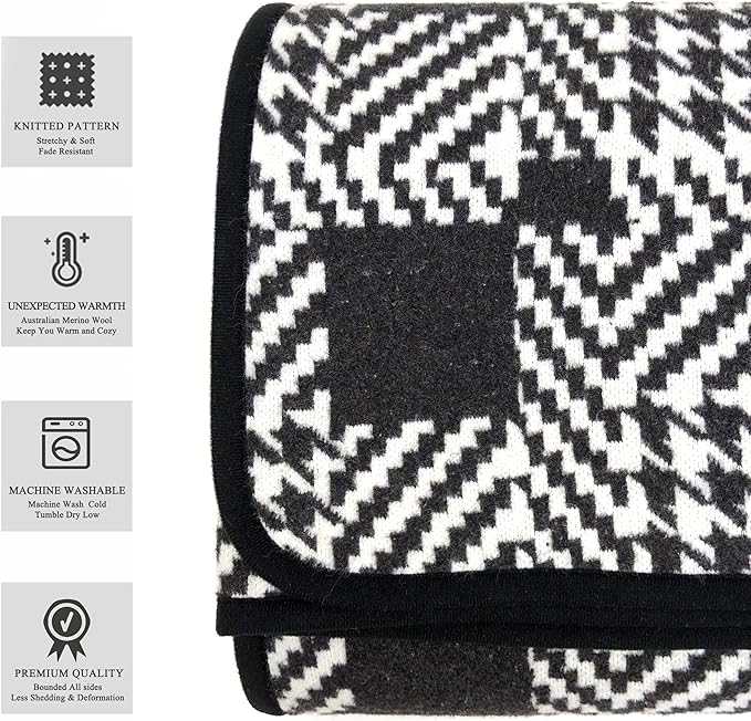 PuTian Merino Wool Blanket - 63" x 51" Thick Warm Soft Twin Bed Throw - Great for Camping, Outdoors, Travel, Car, Couch, All Seasons Houndstooth Black