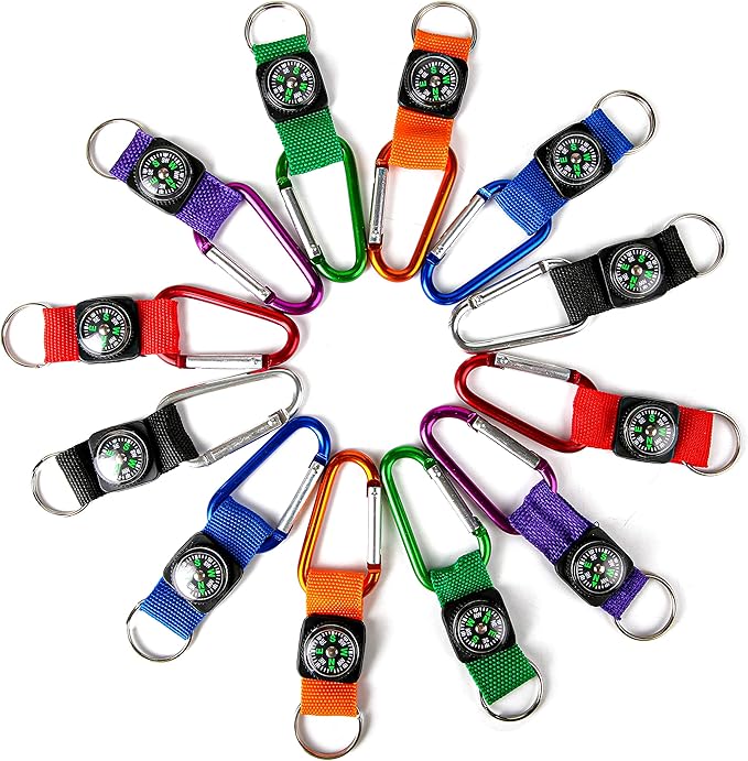 PROLOSO Colorful Carabiner Compass Keychain Belt Clips Kids Toys Prizes Outdoors Adventure Party Favors 20 Pcs