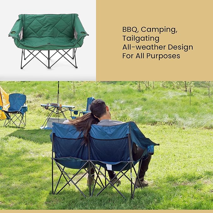 ARROWHEAD OUTDOOR Portable Folding Double Duo Camping Chair Loveseat w/ 2 Cup & Wine Glass Holder, Heavy-Duty Carrying Bag, Padded Seats & Armrests, Supports up to 500lbs, USA-Based Support