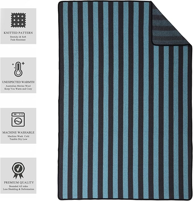 PuTian Merino Wool Blanket - 87" x 63" Thick Warm Soft Large Bed Throw - Great for Camping, Outdoors, Travel, Car, Couch, All Seasons Blue Stripe