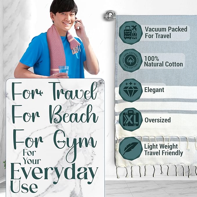 Cotton Travel Towel Quick Drying Camping Pool Hiking Large Size 39" x 78" Compact Vacuum Pack Lightweight Absorbent Breathable Keep Warm Blanket (Mint Green)