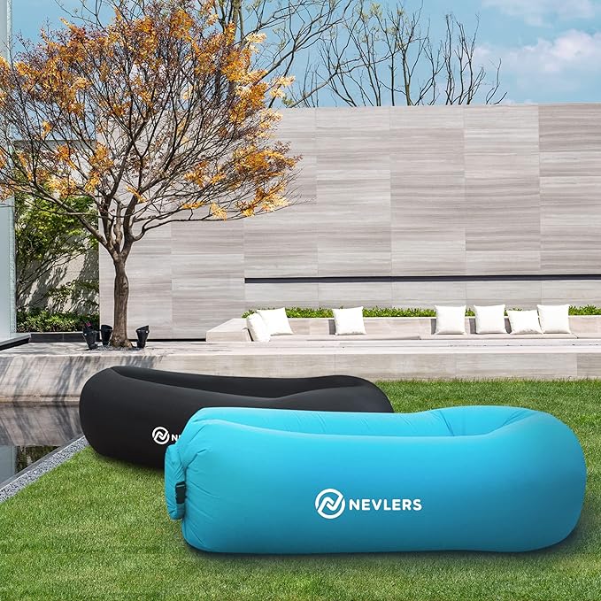 Nevlers 2 Pack Inflatable Loungers Air Sofa Couch | Perfect for Beach Chair Camping Chairs or Portable Hammock |Travel Bag Pouch, Pegs & 3 Pockets| Movie Seating & Camping Accessories Blow Up Lounger