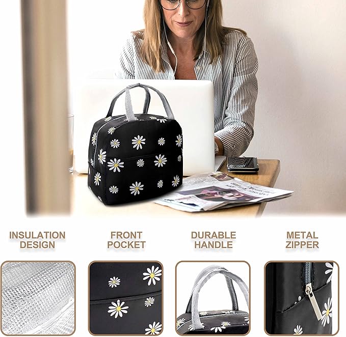 Sonuimy Insulated Lunch Bag Women, Reusable Cute Tote Lunch Box for Adult & Men, Leakproof Cooler Lunch Bags for Work Office Travel Picnic (Black with White Daisy)