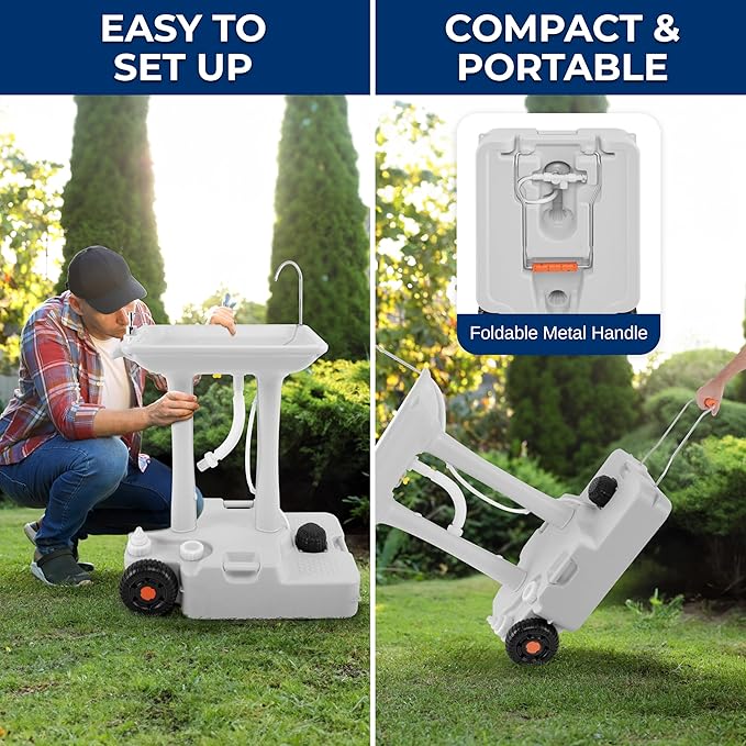 SereneLife SLCASN25 Portable Camping Sink w/Towel Holder & Soap Dispenser-30L Water Capacity Hand Wash Basin Stand w/Rolling Wheels-for Outdoor Events, Gatherings, Worksite & Camping