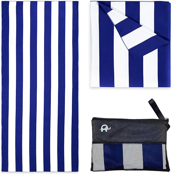 Elite Trend Large Beach Towel for Travel – 63x31 Inch w/Bag – Lightweight Microfiber, Compact, Soft, Quick Dry, Sand Free – for Swimming, Pool, Camping, Yoga, Workout, Golf – Cabana Navy