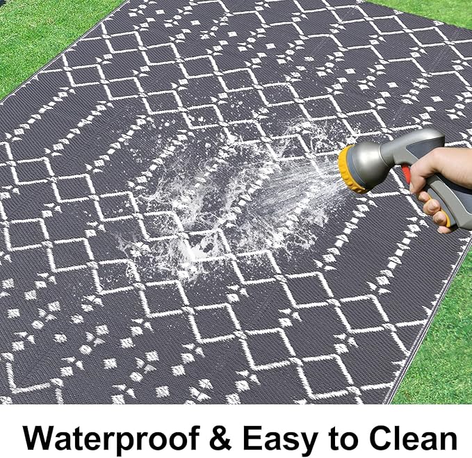 Smiry Outdoor Rug 6x9 ft, Waterproof Reversible Plastic Straw Rugs, Boho Outdoor Area Rug, Outside Floor Mat for Patio, Backyard, Deck, Picnic, Beach, Camping, Grey