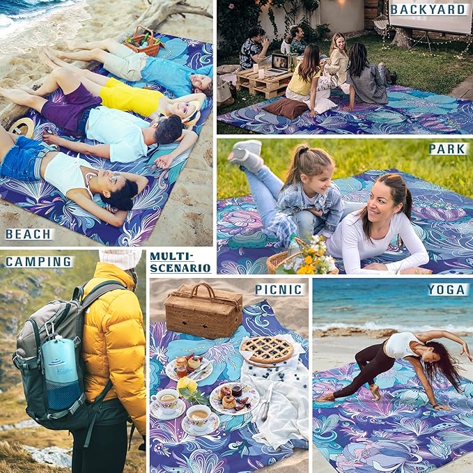 Beach Blanket Sandproof Waterproof 78''×110'' 1-7Adults Oversized,Compact Lightweight Durable Beach Mat for Travel Camping Hiking Picnic Blanket