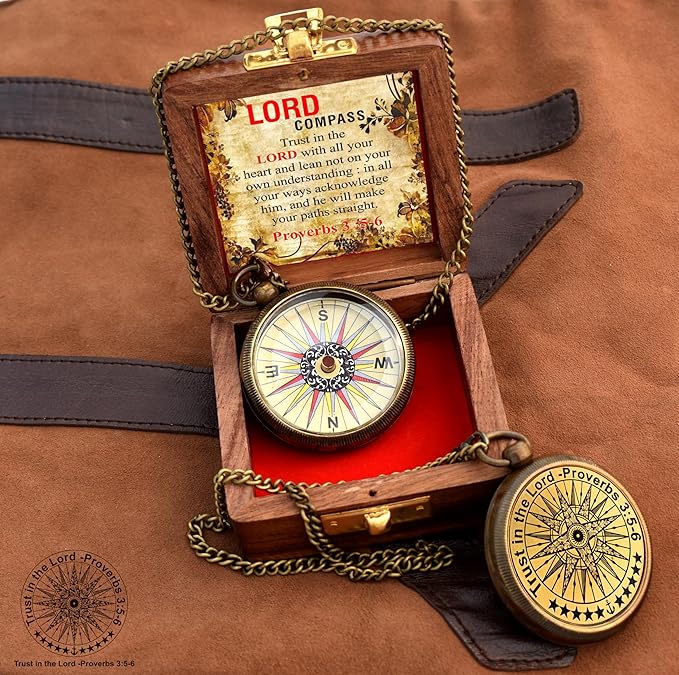 Trust in The Lord with All Your Heart -Proverbs 3: 5-6 Quote Engraved Compass with Wooden Box, Birthday, Baptism, Communion, Christmas, Graduation Day Gifts 2025 Compass for Women Mens Boy Girls