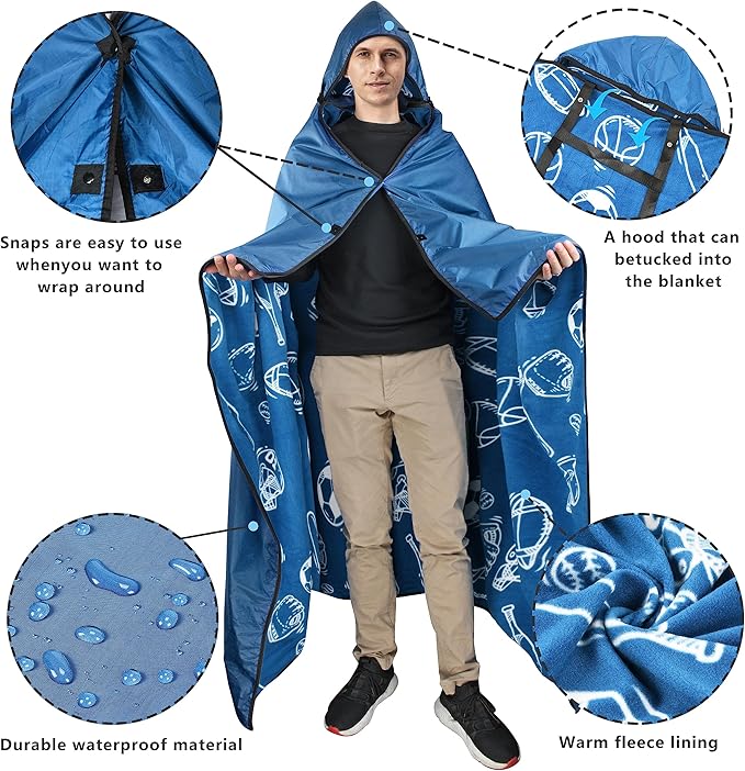 Catalonia Waterproof Blanket for Outdoor, Hooded Blanket Poncho, Windproof, Warm for Stadium,Sporting Events, Camping