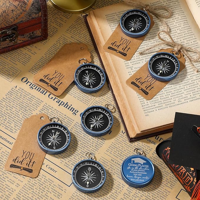 Coume 2025 Inspirational Graduation Gifts Engraved Compass for Middle Senior College Graduate Student Compass with You Did It Diploma Sign Tag Gift for Travel Grad Souvenir Favor(Blue,24 Set)