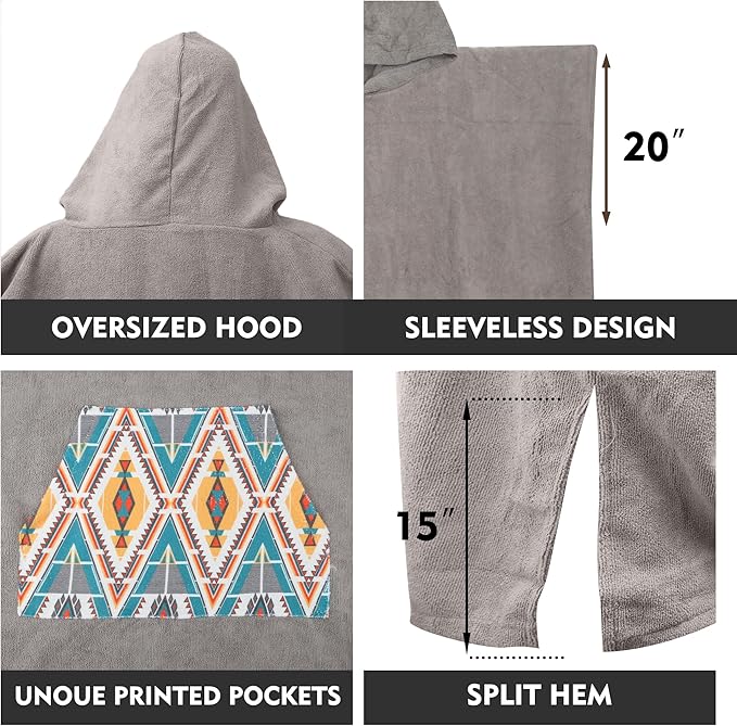Rainleaf Surf Poncho Changing Towel Quick Dry Pool Swim Beach Towel with Hood and Front Pocket Warm and Soft Microfiber RobeTowel for Women and Men Light Gray Geometric Pocket