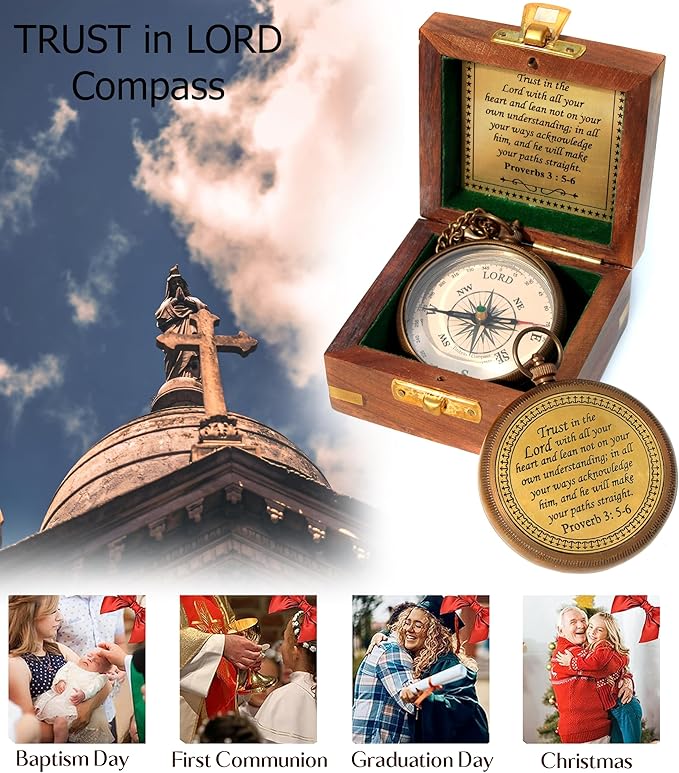 Trust in The Lord with All Your Heart -Proverbs 3: 5-6 Quote Engraved Compass with Wooden Box. Greeting Card, Inspirational Gift Men, Christian Boys Baptism Gifts, Graduation Day