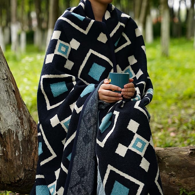 PuTian Merino Wool Blanket - 87" x 63" Thick Warm Soft Large Bed Throw - Great for Camping, Outdoors, Travel, Car, Couch, All Seasons, Blue Check