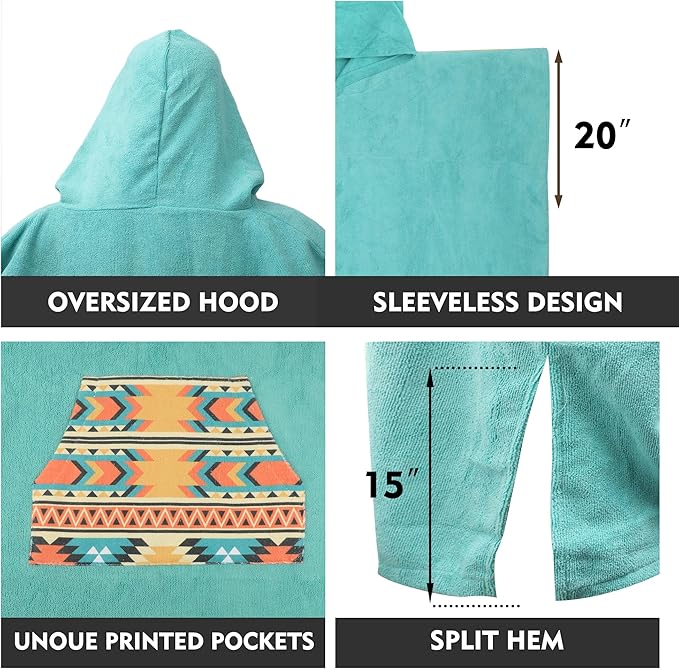 Rainleaf Surf Poncho Changing Towel Quick Dry Pool Swim Beach Towel with Hood and Front Pocket Warm and Soft Microfiber RobeTowel for Women and Men Canal Blue Geometric Pocket