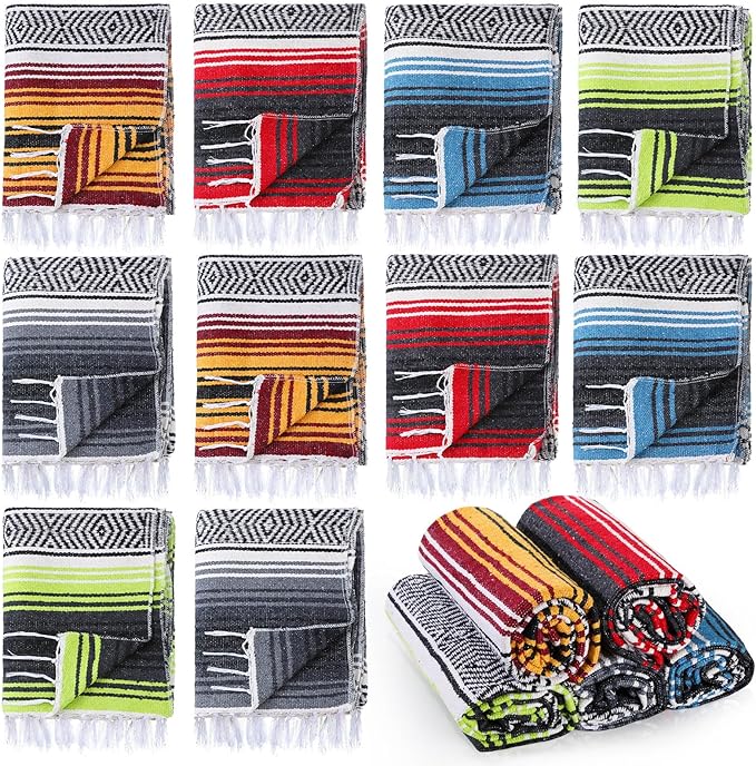Preboun 10 Pieces Mexican Blanket Bulk Authentic Woven Yoga Blanket Large Picnic Camping Blanket Colorful Striped Serape Blanket for Beach Outdoor Grass Car Home Throw Blanket (Mixed Color)