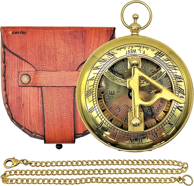Nautical Sunclock Compass Handmade Solid Brass Vintage Style Sundial Push Open Navigational Compass with Leather Gift Case Best for Your Loved Ones
