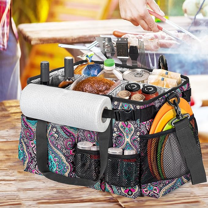 Large Grill Utensil Caddy with Paper Towel Holder, Outdoor Picnic Bag Organizer for BBQ Supplies Tool, Tailgating Accessory Basket Camping Gear Must Haves for Cook Essentials, Totem, Bag Only